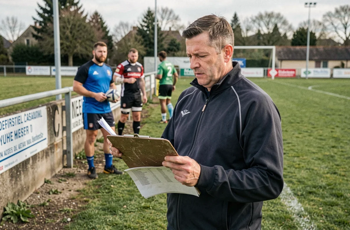 Entraîneur de rugby Fédérale 1 analysant les résultats et la stratégie sur la touche du terrain