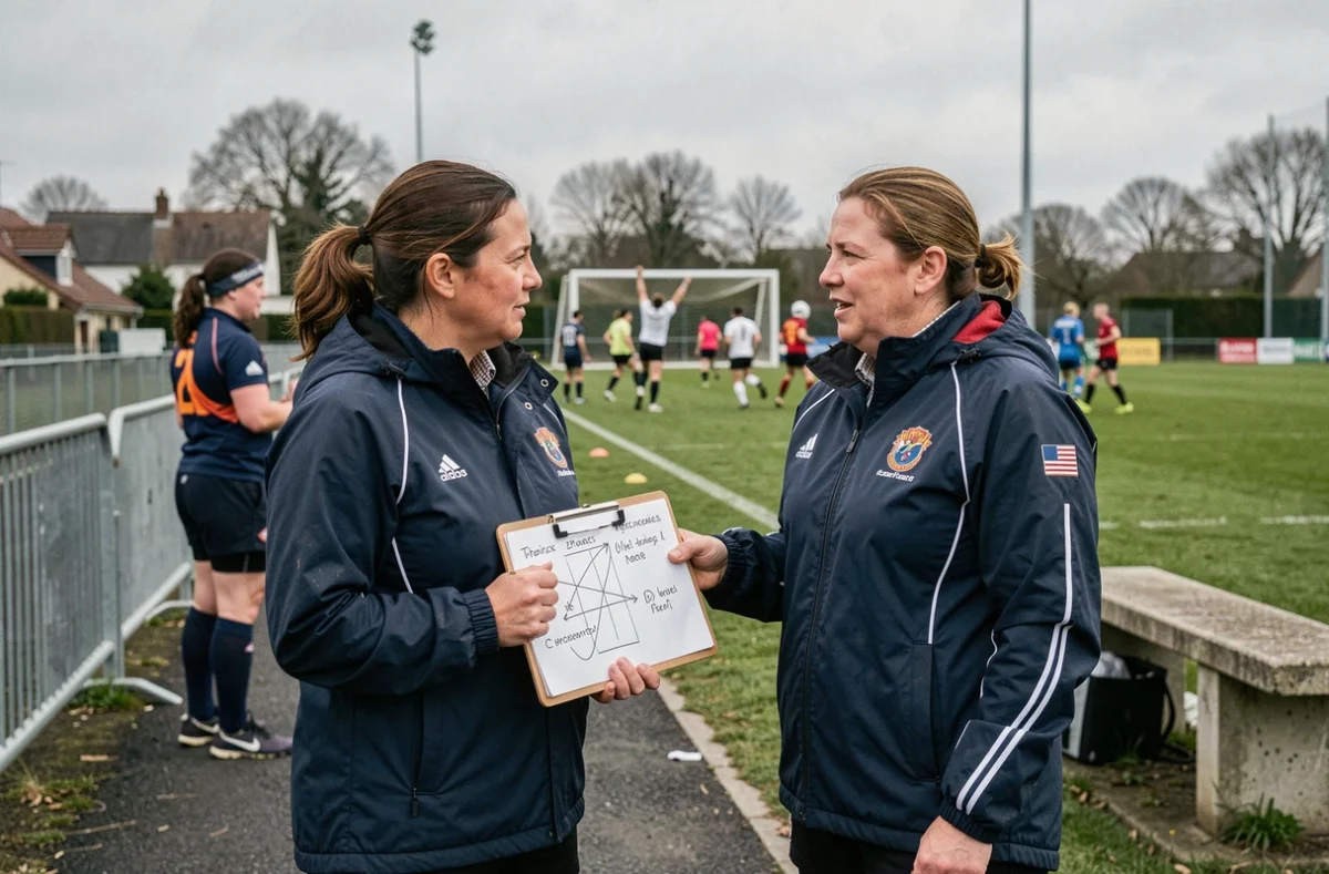 Entraîneures de rugby féminin analysant la tactique en bordure de terrain lors d'une séance d'entraînement