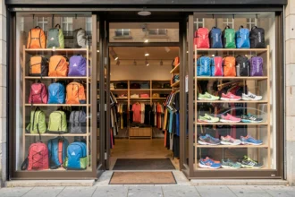 Entrée d'un magasin de sport avec du matériel exposé