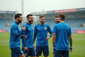 Joueurs de l'équipe nationale italienne de football en séance d'entraînement tactique sur un terrain professionnel