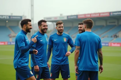 Joueurs de l'équipe nationale italienne de football en séance d'entraînement tactique sur un terrain professionnel