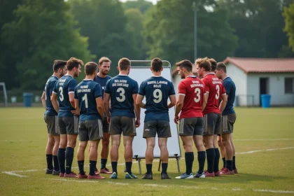 Groupe de joueurs de rugby amateurs en pleine discussion