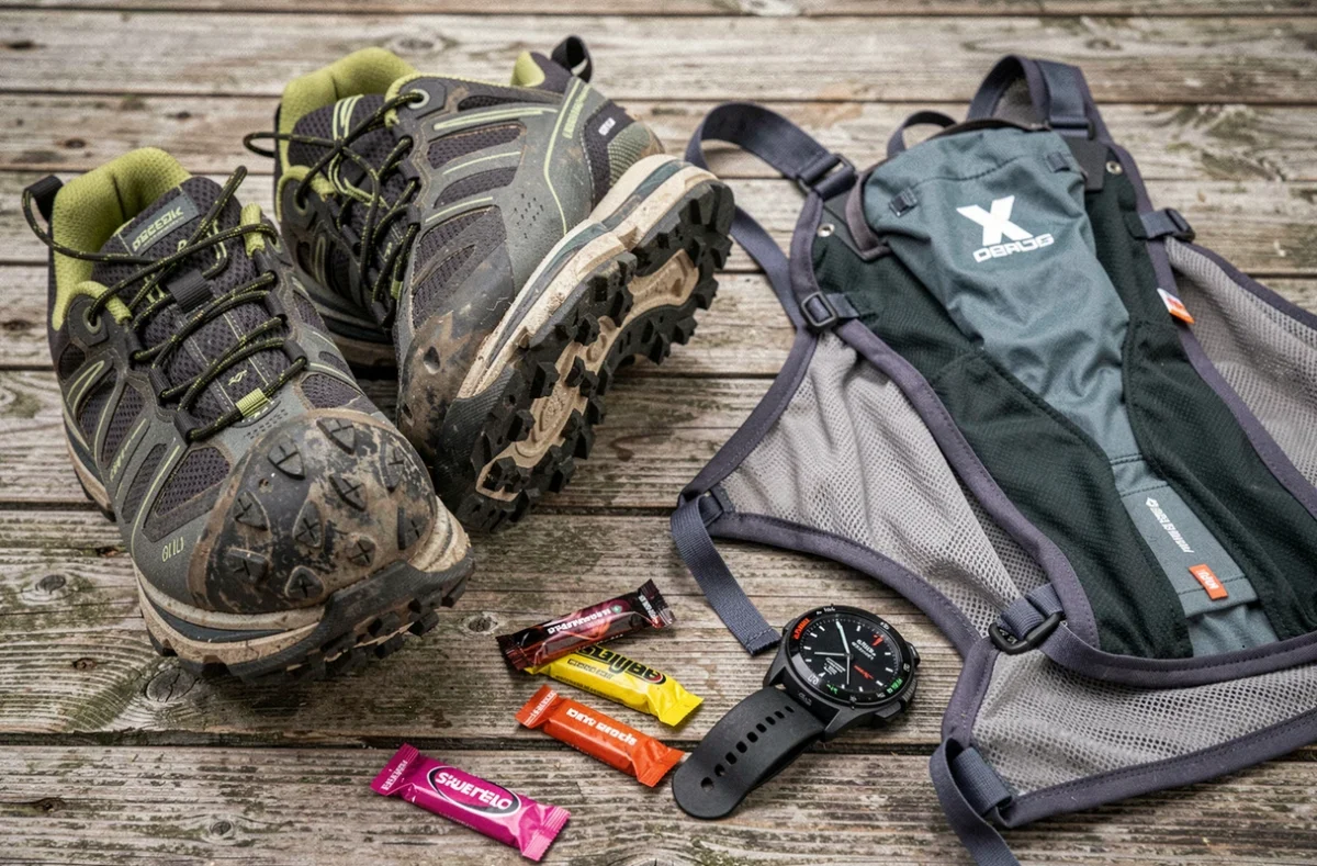 Équipement de trail running disposé en flat lay : chaussures, veste hydratation, montre GPS et gels énergétiques