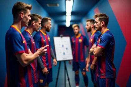 Groupe de joueurs FC Barcelone en discussion dans le tunnel