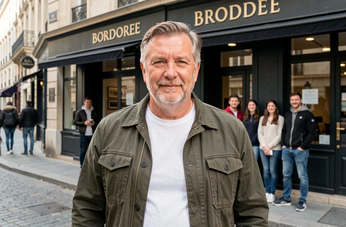 Ancien joueur de rugby français devant son établissement commercial à Bordeaux, illustrant sa reconversion entrepreneuriale