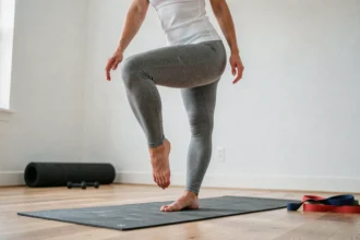Femme réalisant un exercice d'équilibre unipodal sur tapis de yoga pour corriger la pronation du pied, vue en pied en intérieur