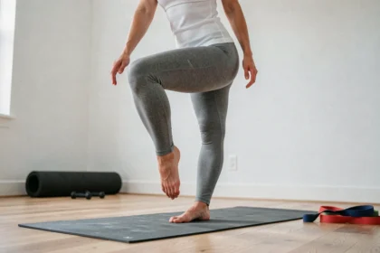 Femme réalisant un exercice d'équilibre unipodal sur tapis de yoga pour corriger la pronation du pied, vue en pied en intérieur