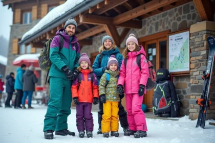 Famille de quatre en tenues colorées devant le guichet ski