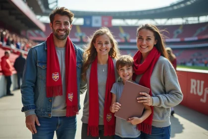 Famille heureuse au stade avec billets et écharpes