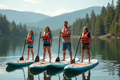 Famille de quatre personnes faisant du stand-up paddle ensemble sur un lac calme entouré de pins, portant des gilets de sauvetage colorés