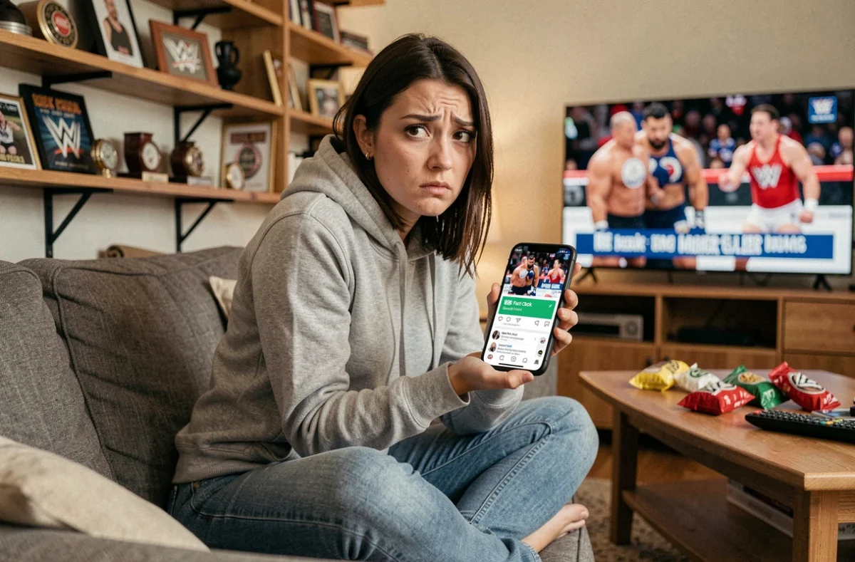 Femme vérifiant une rumeur WWE sur son smartphone dans un appartement