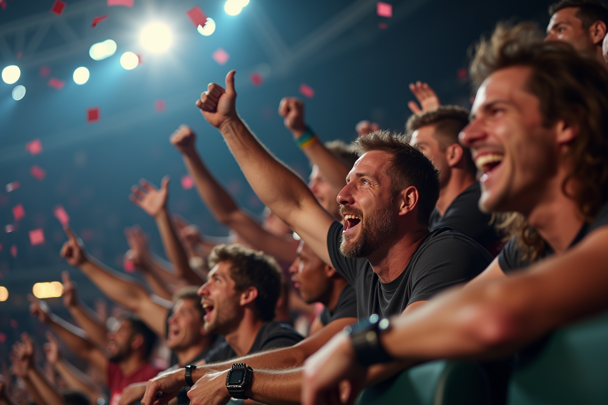 Fans de lutte célébrant dans les gradins avec confettis