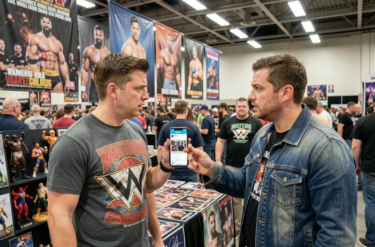 Deux fans WWE débattant de rumeurs et fake news lors d'une convention de catch