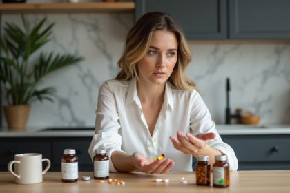 Femme réfléchissant à des compléments alimentaires à la maison