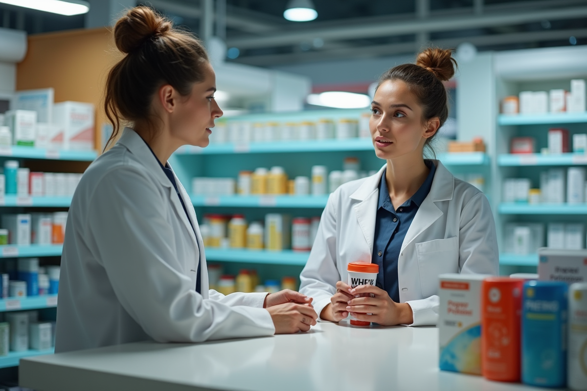 Femme discutant avec pharmacien en pharmacie