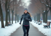 Tenue hiver pour courir dehors : conseils et astuces pour rester au chaud Femme courant dans un parc enneige en hiver souriante