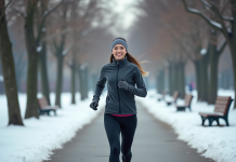 Tenue hiver pour courir dehors : conseils et astuces pour rester au chaud Femme courant dans un parc enneige en hiver souriante
