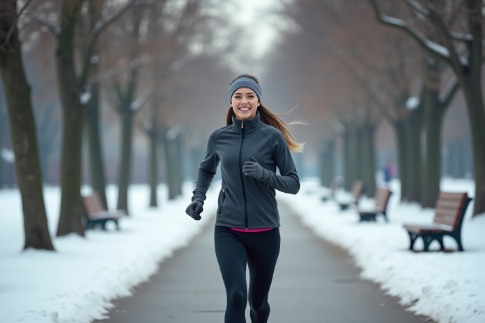femme-course-hiver-parc Femme courant dans un parc enneige en hiver souriante