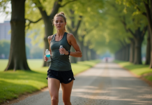 Jeune femme sportive buvant lors d'une course matinale