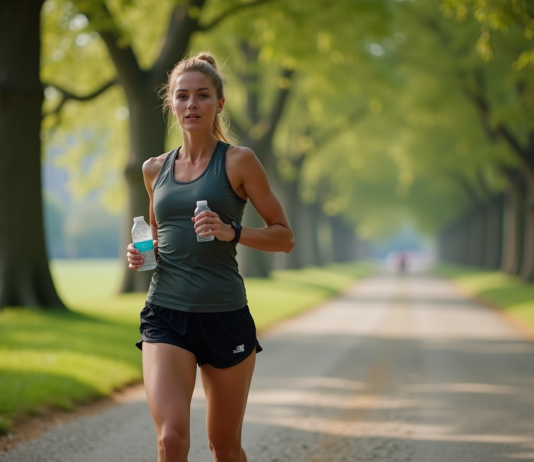Jeune femme sportive buvant lors d'une course matinale