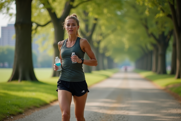 femme-course-matin-parc Jeune femme sportive buvant lors d'une course matinale