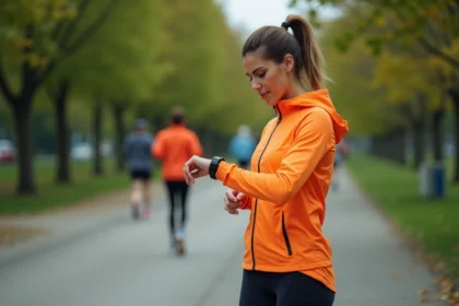 Femme sportive vérifiant son rythme de semi marathon avec smartwatch