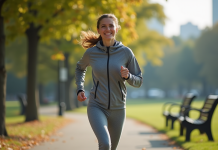 Femme courant dans un parc urbain au matin
