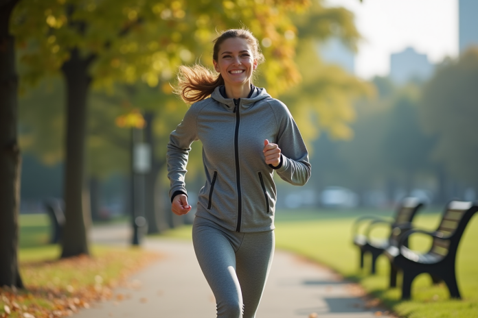 femme-course-parc Femme courant dans un parc urbain au matin