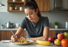Femme sportive préparant un repas dans une cuisine lumineuse