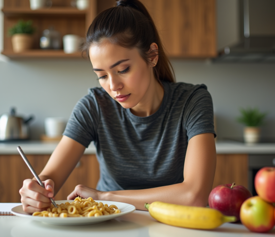 Femme sportive préparant un repas dans une cuisine lumineuse