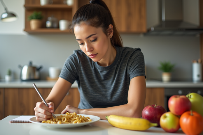 Femme sportive préparant un repas dans une cuisine lumineuse