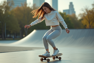 Jeune femme en athleisure sur planche d'équilibre en extérieur