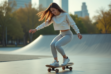 Jeune femme en athleisure sur planche d'équilibre en extérieur