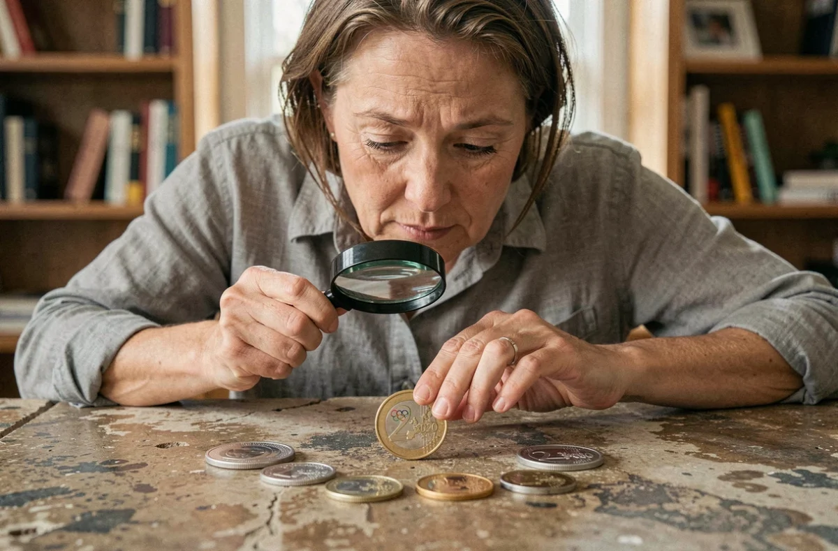 Femme examinant des pièces de 2 euros JO 2026 avec une loupe sur un comptoir en pierre