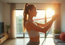 Jeune femme sportive faisant des exercices avec bandes de résistance dans un salon lumineux