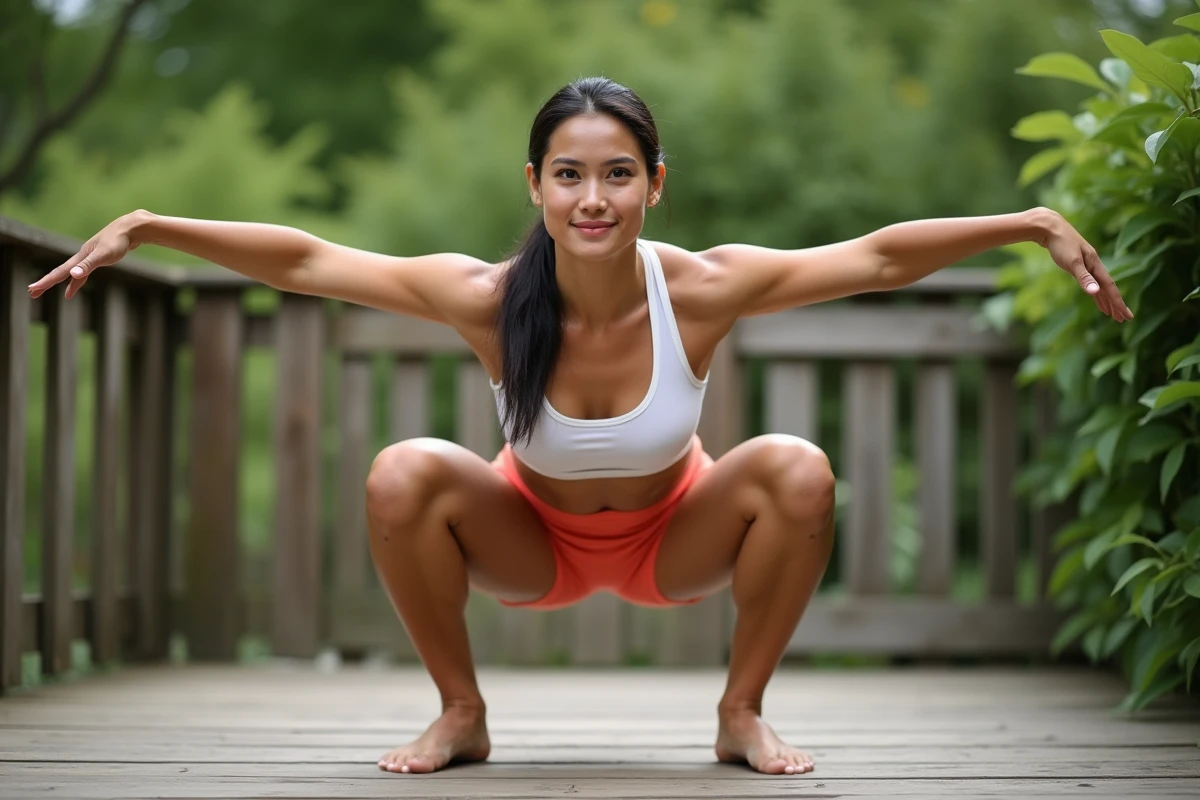 Femme en position de goblet squat sur une terrasse en bois entourée de végétation verte