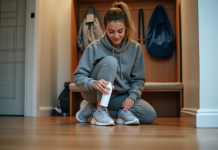 Éliminer les odeurs des équipements sportifs : astuces efficaces pour un matériel frais Jeune femme nettoyant ses chaussures de course dans un vestiaire