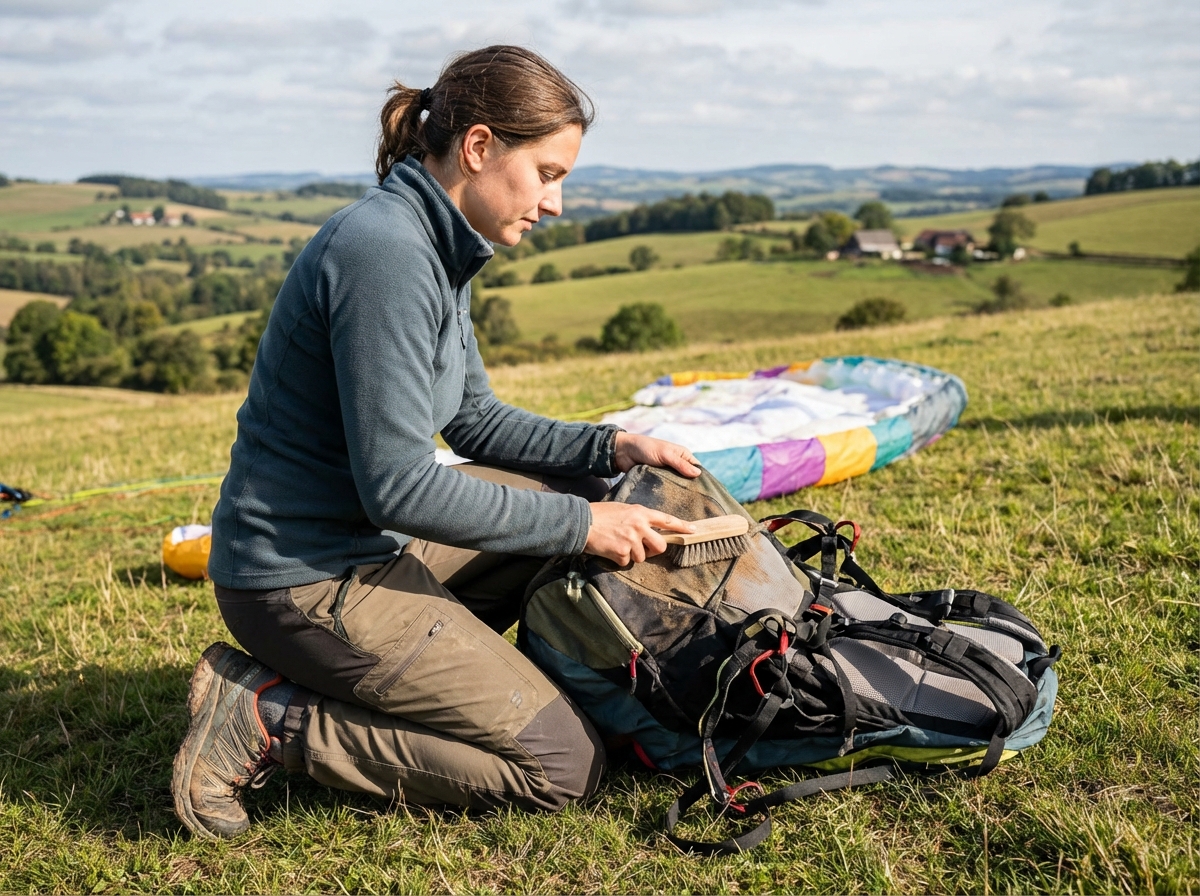 Femme nettoyant son harnais de parapente sur une colline verte