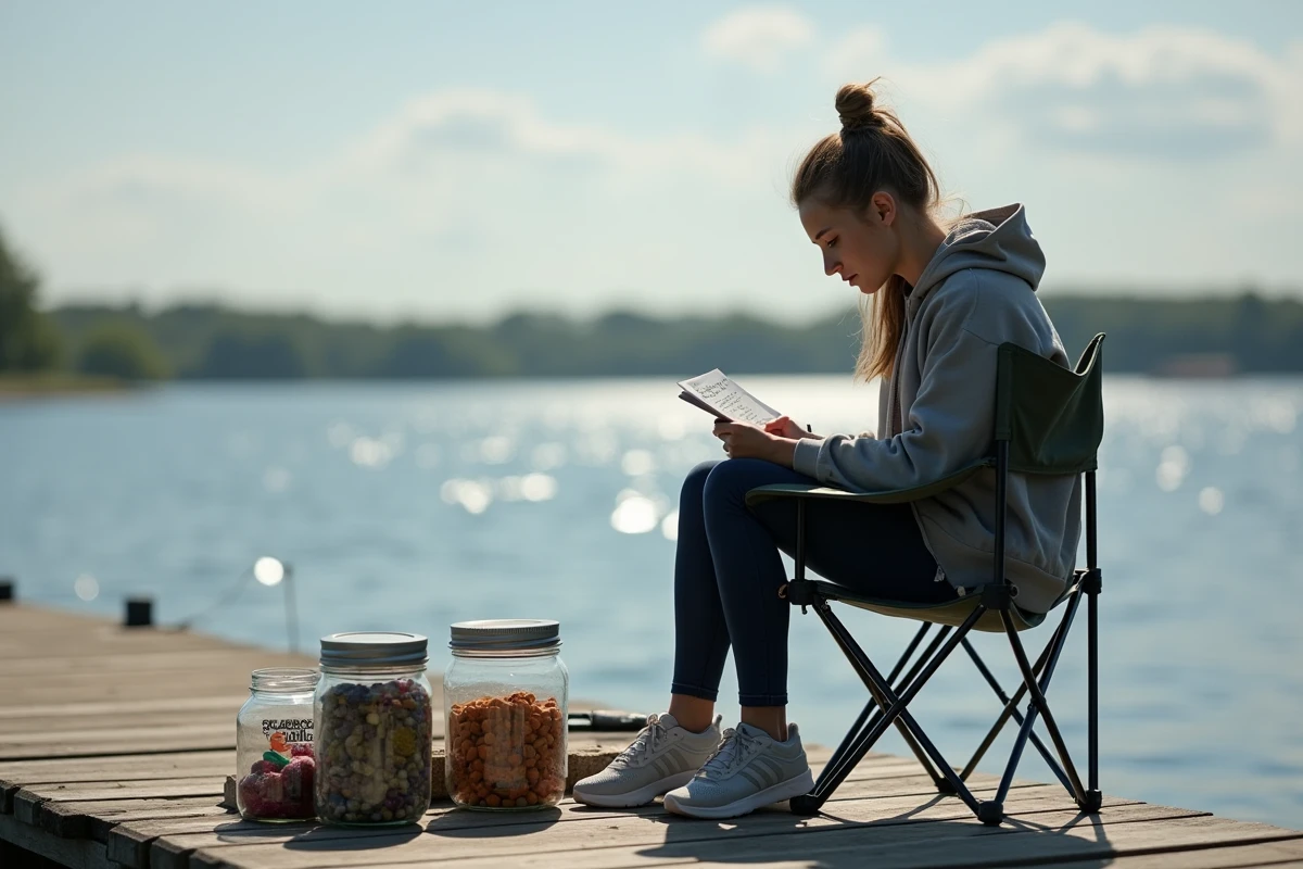 Jeune femme lisant un carnet de pêche sur le quai