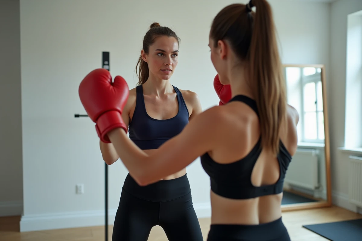 Femme en position de garde devant une machine à boxe musicale à la maison pour travailler la coordination