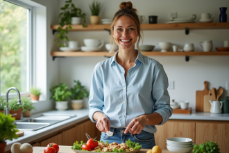 Femme souriante préparant une salade fraîche dans une cuisine lumineuse