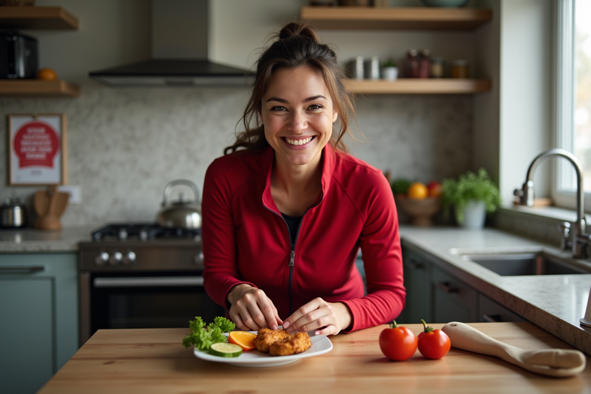 Femme athlète préparant du poulet frit dans sa cuisine moderne