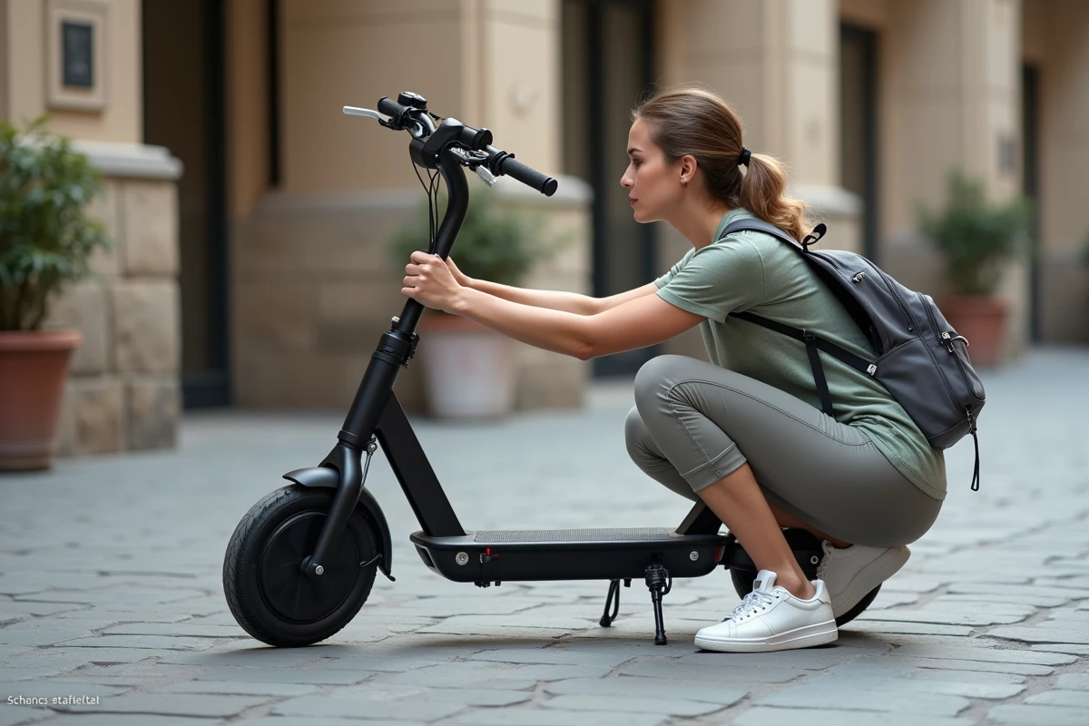 Femme réglant la hauteur du guidon d'une trottinette Urban Glide 140 pour optimiser le confort de conduite