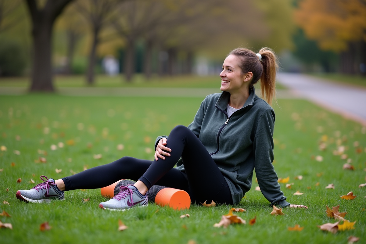 Femme utilisant un rouleau de mousse dans un parc verdoyant