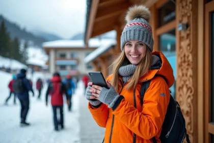 Femme souriante en ski à Les Arcs 1800 avec montagnes