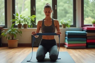 Femme sportive testant une bande de resistance en intérieur