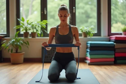 Femme sportive testant une bande de resistance en intérieur