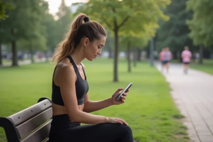 Jeune femme vérifiant son application fitness dans un parc