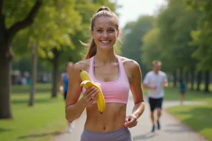 Jeune femme sportive souriante avec banane dans un parc