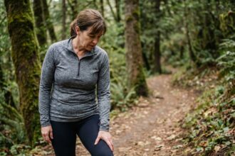 Femme en leggings dans la forêt lors d'une marche sportive